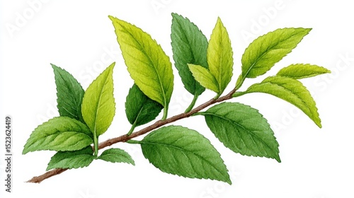 Close up of a sprig of fresh green tea leaves on a brown branch against a white background. The leaves are vibrant and show variations in shades of