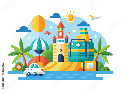 Family vacation travel illustration castle beach car isolated on white background

