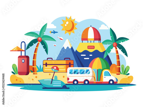 Summer vacation travel scene illustration isolated on white background
