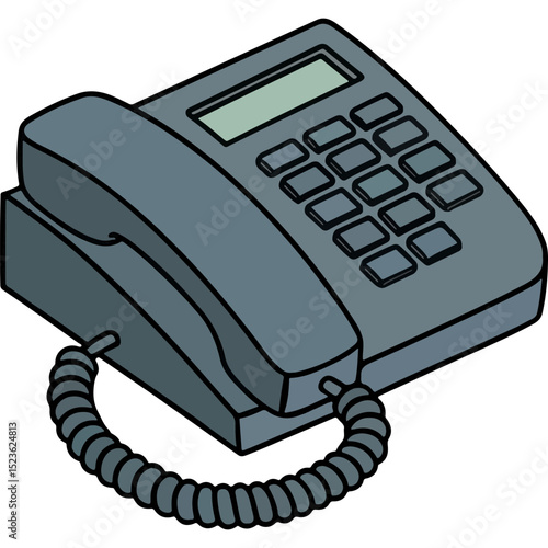 A clear vector illustration of a gray landline telephone with a coiled cord and keypad, ideal for themes of communication, office, vintage technology, or customer service