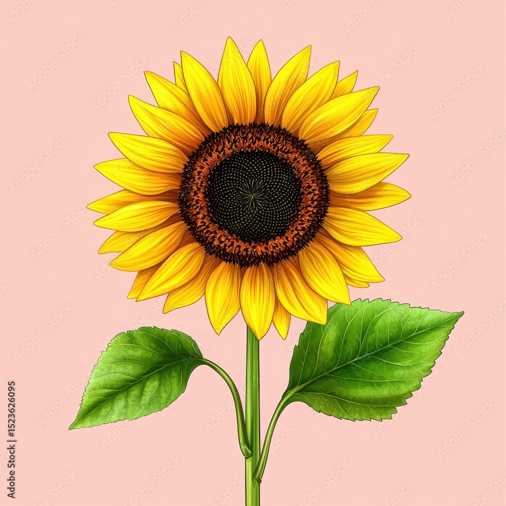 Obraz premium Vibrant yellow sunflower with dark brown center, green leaves, and pink background. Detailed illustration style
