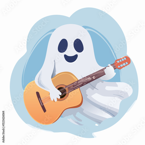 A musical ghost strumming a guitar, perfect for Halloween band themes or music events