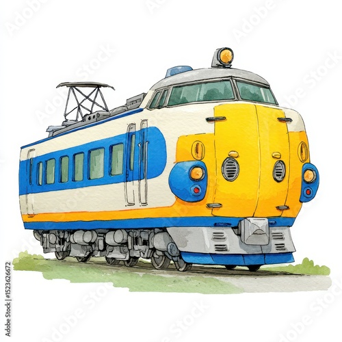 Vintage watercolor illustration of a yellow and blue electric train on a grassy background. The train has a retro design and is detailed, showcasing