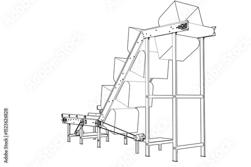 Technical Wireframe Illustration: Vertical Bucket Conveyor Belt for Bulk Material Lifting Transport in Industrial Manufacturing, Food Processing, or Agricultural Production Facilities and Automation