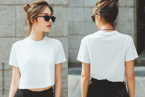 A stylish young woman wearing a white cropped t-shirt mockup and sunglasses, posing outdoors. The image shows her from the front and back, highlighting her casual yet chic outfit against a stone.