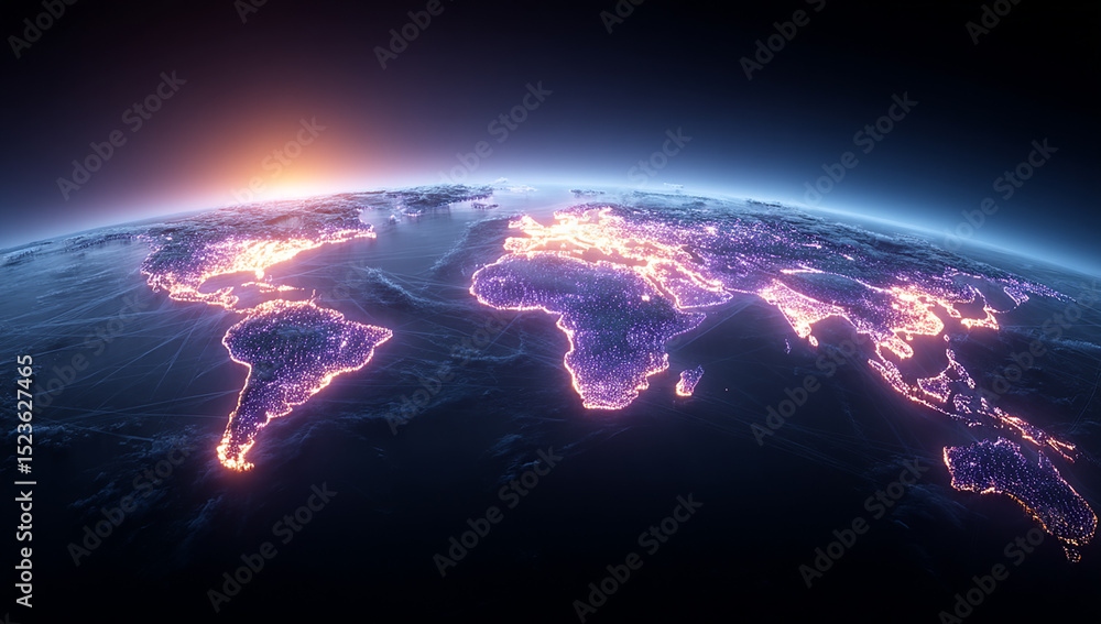 Obraz premium Earth View From Space City Lights with Glowing Blue Atmosphere and Worldwide Infrastructure Network in Darkness