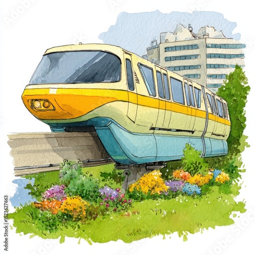 Watercolor painting of a futuristic train, yellow and light blue, traveling on an elevated track with colorful flowers in the foreground. A building