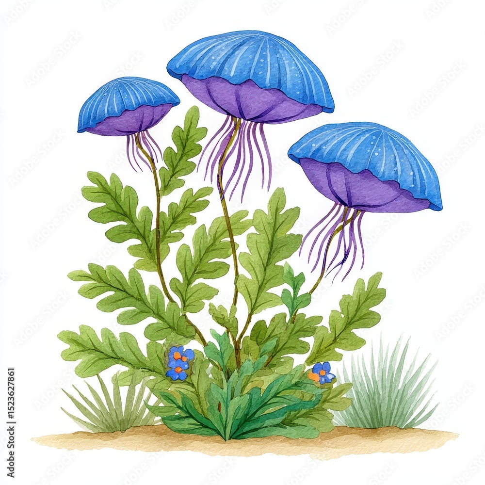 Obraz premium Three blue jellyfish like organisms atop green foliage, set against a sandy ground with small blue flowers. Watercolor painting style