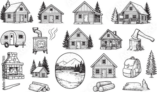 A collection of hand-drawn black-and-white illustrations featuring rustic cabins, a trailer, fireplace, wood stove, axe, logs, backpack, and scenic mountain lake with pine trees, perfect for outdoor, 