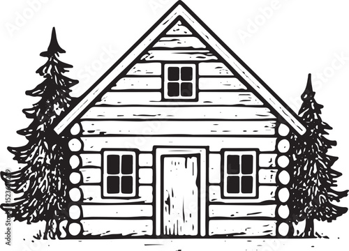 Rustic cabin illustration with windows and trees, ideal for woodland or retreat-themed creative projects