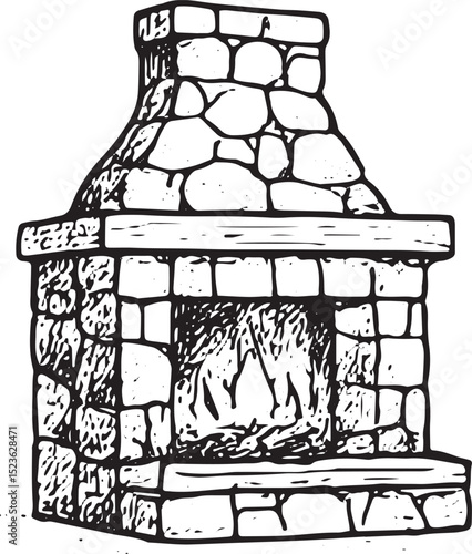 A hand-drawn black-and-white illustration of a rustic stone fireplace with a burning fire, featuring a wooden mantel, ideal for cozy home decor, winter scenes, or rustic interior design projects