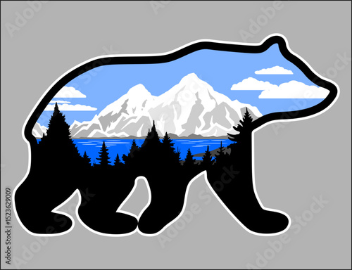 Sticker silhouette of a bear with a panorama of wild mountain nature