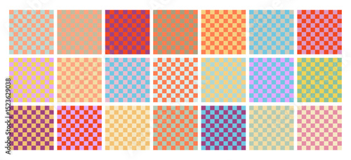 Retro groovy grid seamless patterns. Vector set of colorful retro trippy backgrounds. Simple geometric psychedelic bg. Groovy chess texture print. Abstract Y2k style digital paper pack