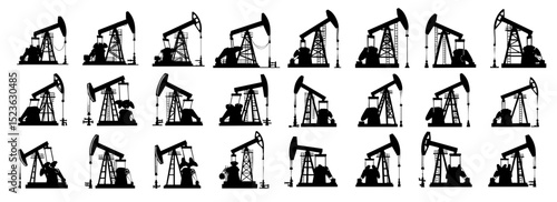 A set of black silhouette icons representing various types and angles of oil pumpjack rigs.