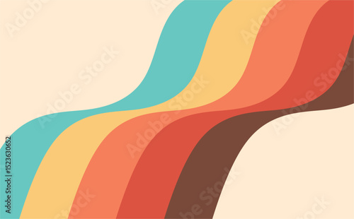 Abstract background featuring thick, wavy stripes in a retro color palette of teal, yellow, orange, and brown on a light beige backdrop. Ideal for vintage designs.