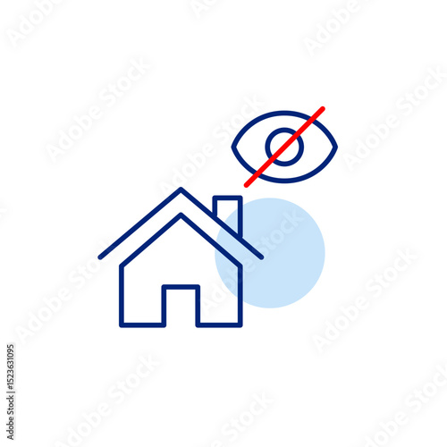 Vector icon of house with crossed-out eye, symbolizing protected privacy, hidden address, or secure living space. Ideal for smart home apps, security services, and privacy design