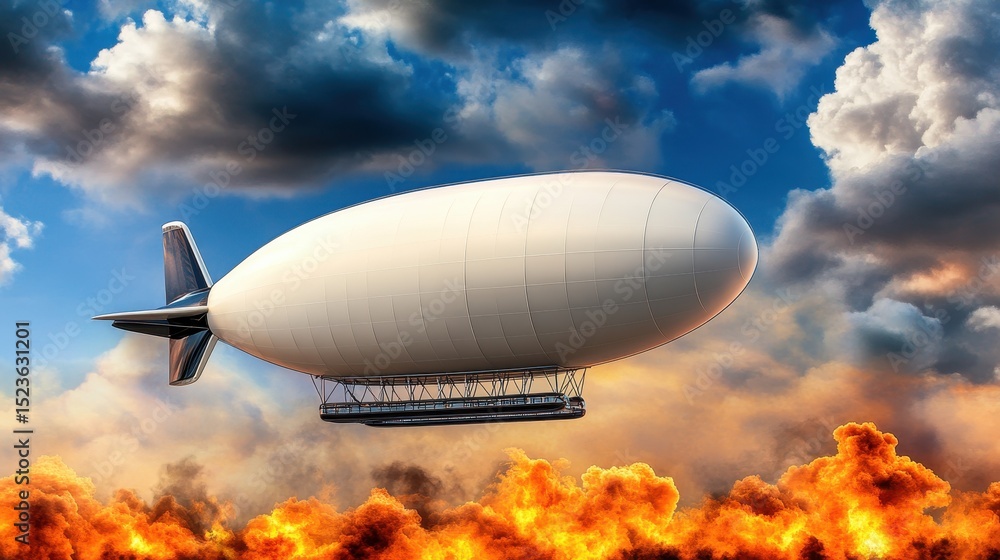 Aerial view of a white zeppelin floating above a fiery landscape, with a striking contrast of the serene airship against the blazing fire and Aerial view of a white zeppelin floating above a fiery landscape, with a striking contrast of the serene airship against the blazing fire and