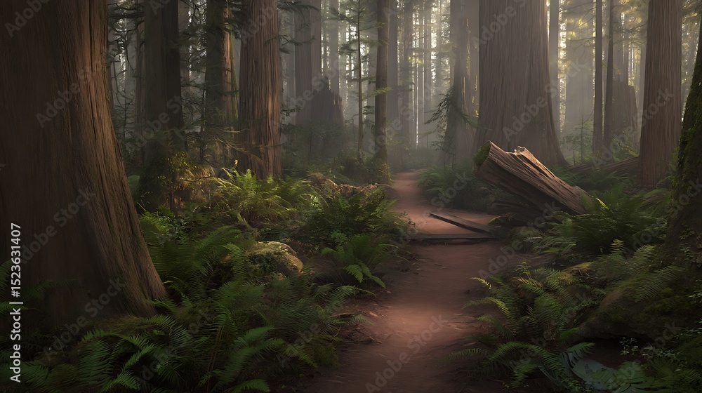 Obraz premium Misty redwood forest trail sunlight filtering through