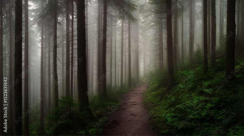 Obraz premium Misty forest path mystery and awe