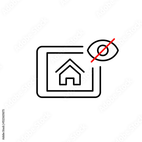 Vector icon of home displayed on tablet with crossed-out eye, symbolizing private residence, hidden smart home controls, or invisible monitoring. Ideal for smart home apps, privacy settings, and real 
