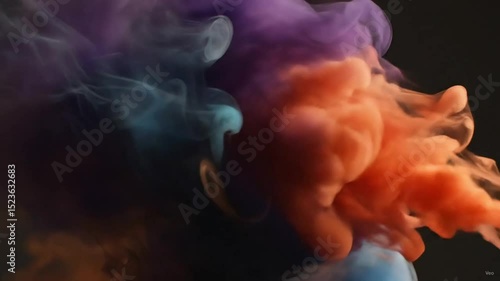 Colorful smoke plumes of blue purple and orange mixing together on a dark background view video