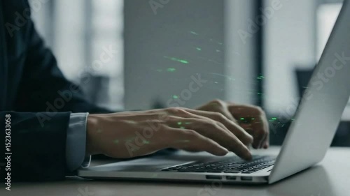 Professional at work on a laptop, with a digital overlay of green code and data. Symbolizes technology, big data, fintech, and innovation.