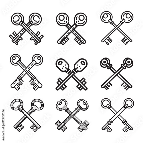 Line art of crossed keys vector set