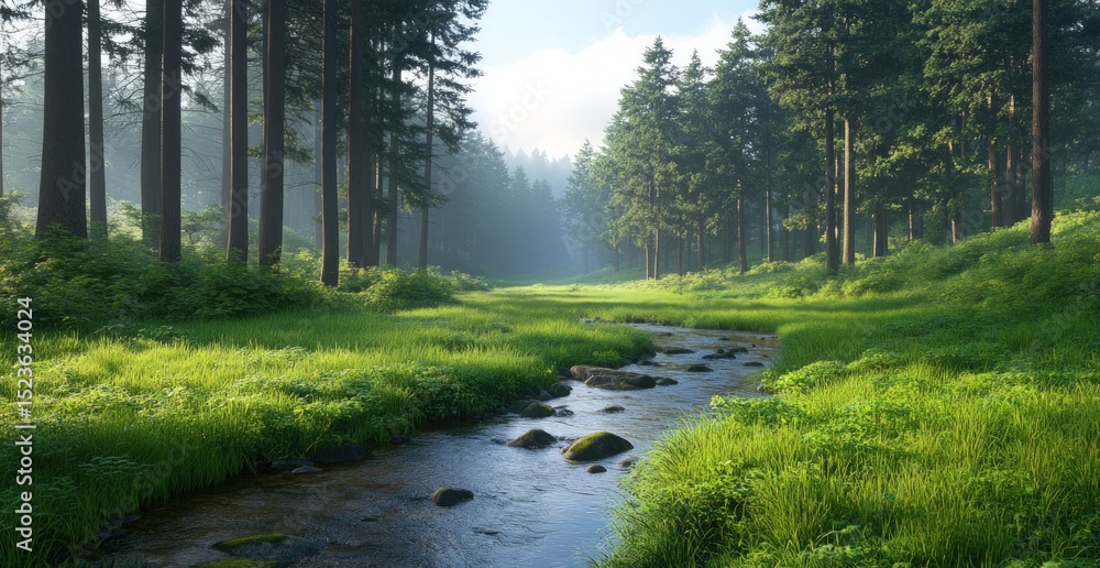 Obraz premium Tranquil stream in lush green meadow surrounded by tall pine trees