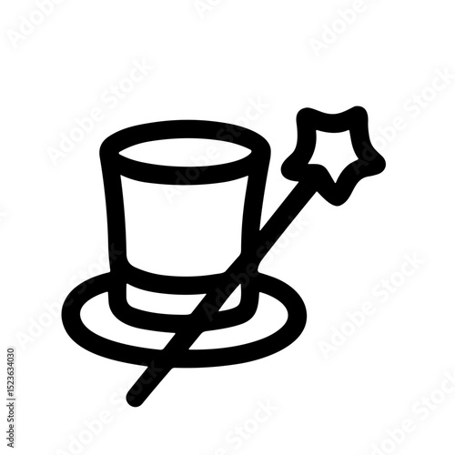 Simple Handdrawn Magic Hat and Wand Black Line Art Illustration
