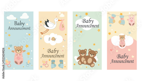 Cute Baby Announcement Vertical Vector Set - Teddy Bear & Stork Story Graphics