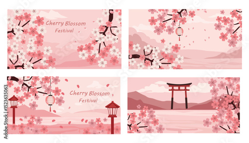Four Scenic Cherry Blossom Festival Illustrations with Landscapes and Traditional Elements
