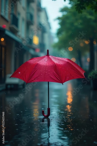 Wallpaper Mural A solitary, vibrant red umbrella stands alone in a gentle summer rain, water droplets clinging to its surface The scene is peaceful and evokes a sense of calm amidst a light shower , alone, clean Torontodigital.ca