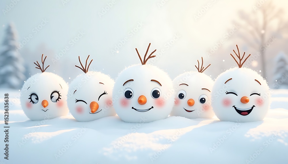 Obraz premium Charming Snowmen Cartoon Characters Smiling in Winter Wonderland Scene