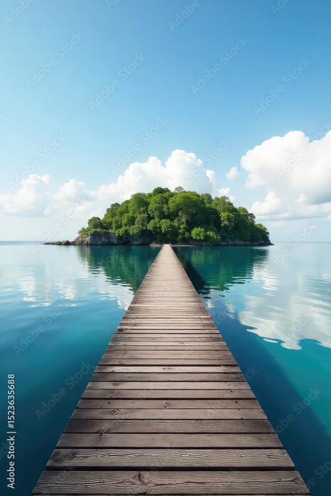 Fototapeta premium A tranquil scene of a dock extending towards a serene island, surrounded by calm water reflecting the sky Perfect for travel, relaxation, and nature themes , landscape, peaceful