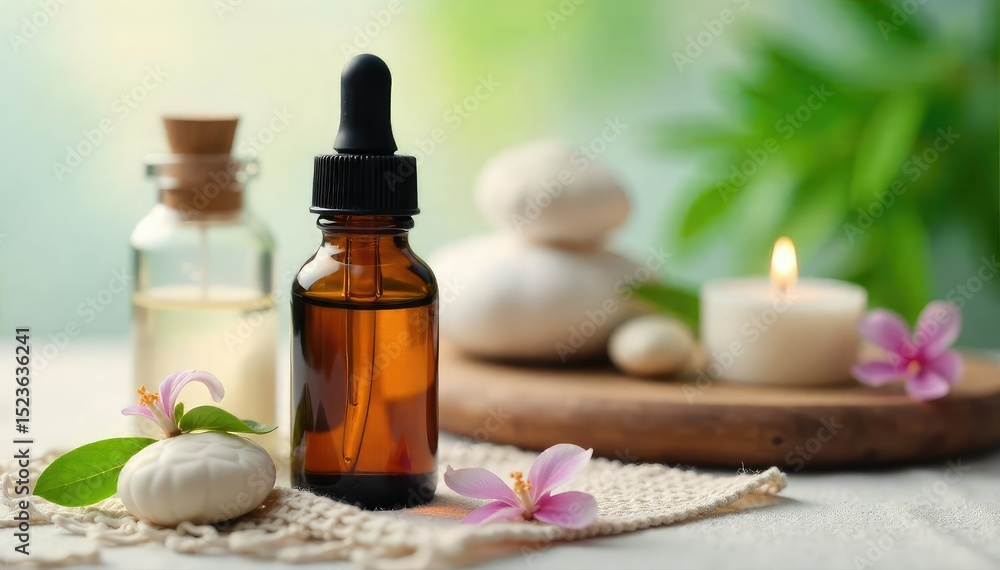 Close-up of a bottle of essential oil with dropper, surrounded by calming spa-like accessories Relaxing aromatherapy concept, natural wellness products , scent, flowers, dropper Close-up of a bottle of essential oil with dropper, surrounded by calming spa-like accessories Relaxing aromatherapy concept, natural wellness products , scent, flowers, dropper