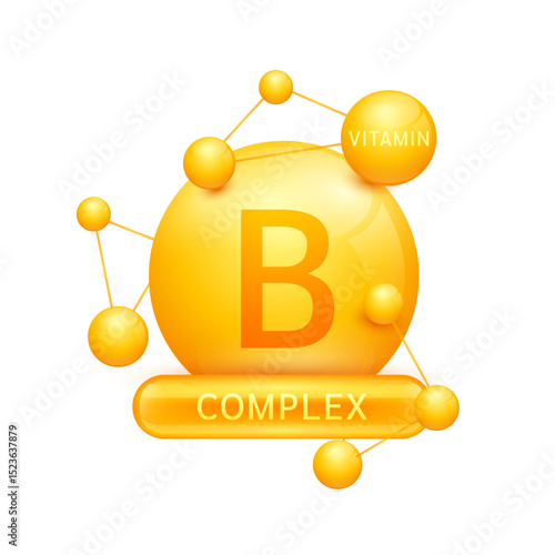 Orange vitamin B complex surrounded by molecule atoms on white background. Vitamins complex for design dietary supplement products. Medical science health care concept. 3D Vector EPS10.
