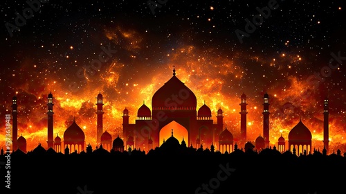 Fiery Night with Mosque Skyline.