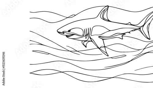 Continuous one single minimal line drawing shark underwater