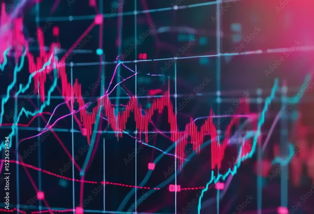Abstract financial data visualization with vibrant pink and teal lines on a dark background showing fluctuating market trends and data points Abstract financial data visualization with vibrant pink and teal lines on a dark background showing fluctuating market trends and data points