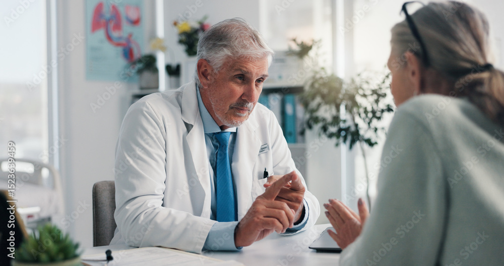 Obraz premium Doctor, mature woman and advice in clinic for medical services, consultation or opinion. People, symptoms and patient in conversation for appointment, checkup and healthcare with treatment discussion