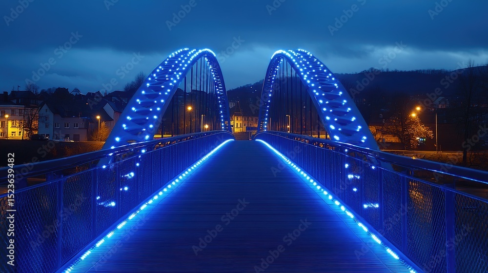 Fototapeta premium Illuminated bridge spanning a waterway at night.