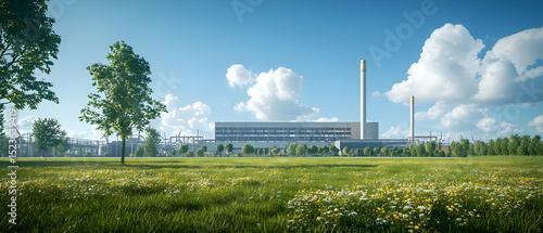 Industrial Plant Complex With Lush Grass Field