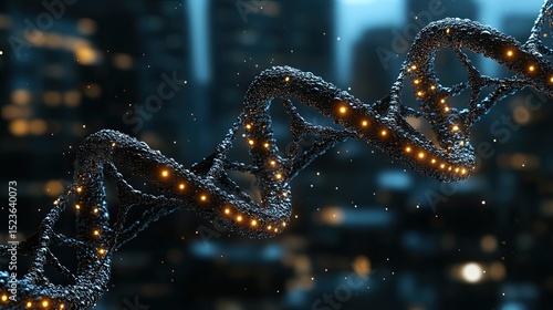Glowing DNA Helix with Cityscape Background.