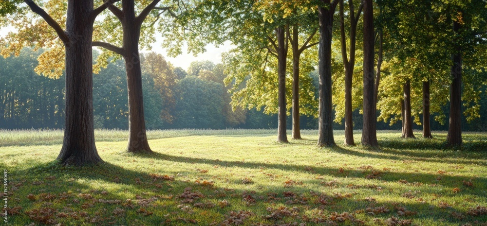 Naklejka premium Tranquil meadow landscape with trees sunlight and shadows natural green environment scenery