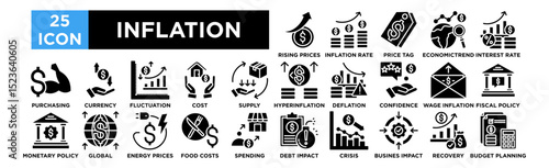 Inflation icon collection set. Rising Prices, Inflation Rate, Price Tag, Economic Trend, Interest Rate Hike