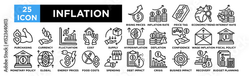 Inflation icon collection set. Rising Prices, Inflation Rate, Price Tag, Economic Trend, Interest Rate Hike