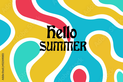 Yellow blue red and white abstract design that says hello summer. Suitable for summer themed graphics, social media posts, and website banners.