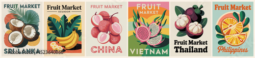 Set of retro Fruit Market posters in mid-century modern style featuring exotic tropical fruits from Thailand, Sri Lanka, Philippines, China, Ecuador, and Vietnam. Vintage travel-inspired prints