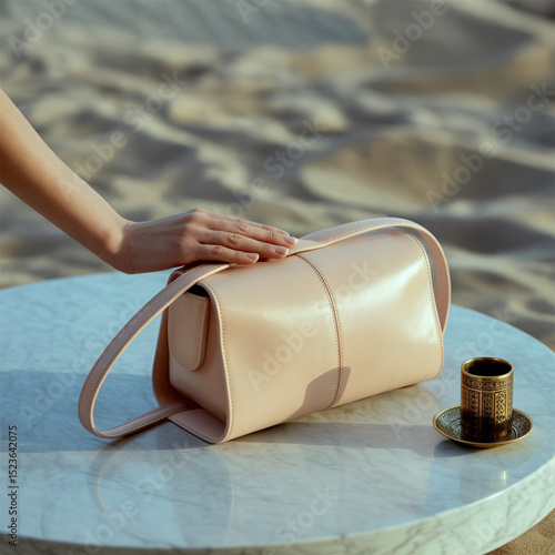 A stylish cream-colored leather handbag on a round marble table, with a woman's elegant hand gently touching the bag. In the background, soft sand dunes create a warm and calm beach atmosphere.
