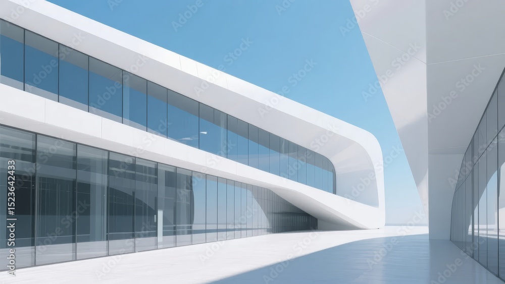 Fototapeta premium Modern Architectural Structure with Curved Glass Facade and White Exterior